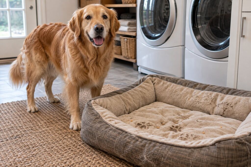 golden-retriever-beside-dirty-dog-bed.jpg Golden retriever standing beside a dirty dog bed