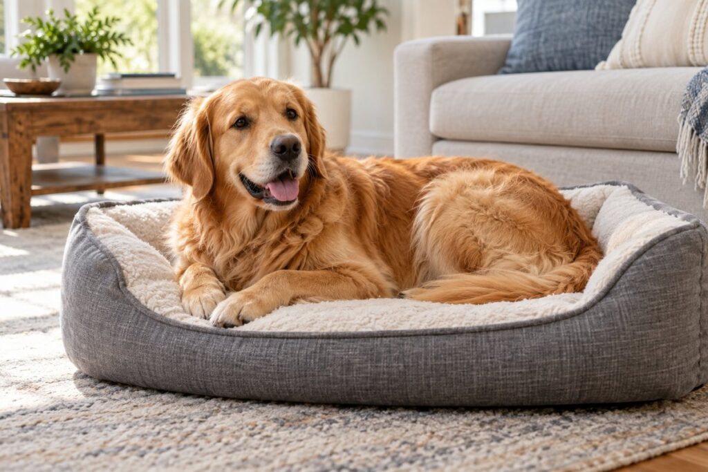 golden-retriever-resting-on-clean-dog-bed.jpg Golden retriever resting comfortably on a clean dog bed
