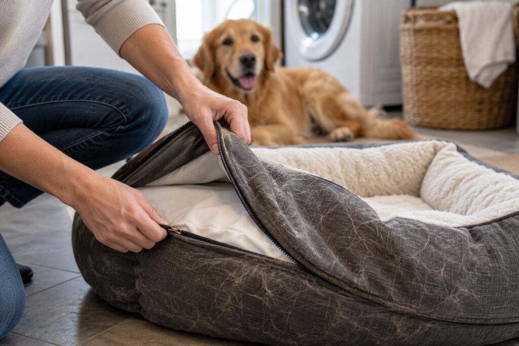 removing-dog-bed-cover-for-washing.jpg Owner removing a hair-covered dog bed cover for washing