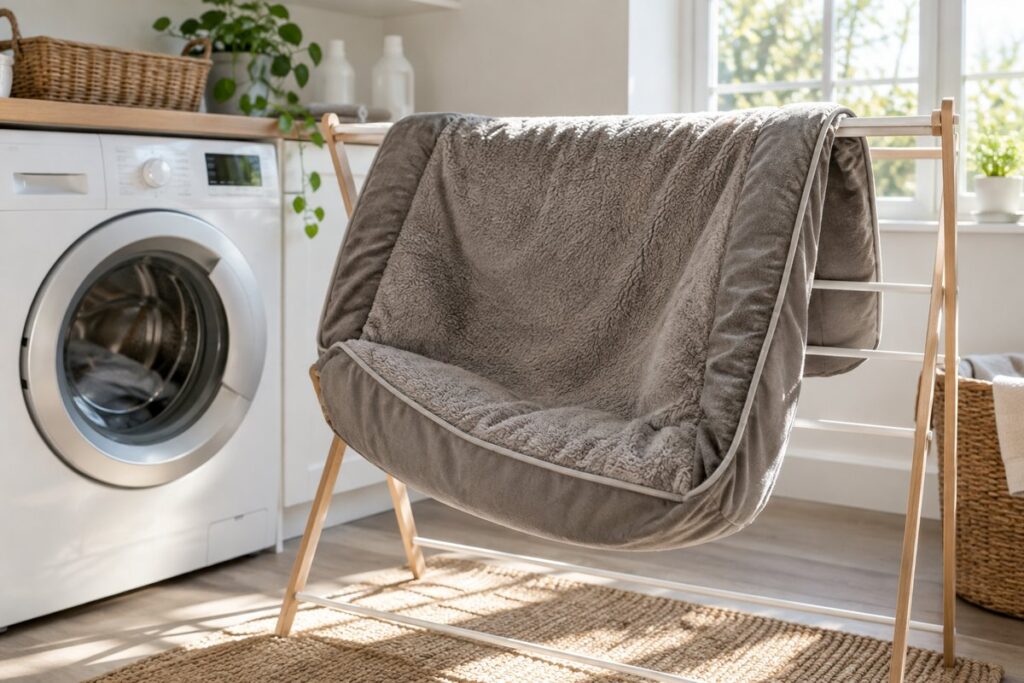 washed-dog-bed-cover-air-drying.jpg Freshly washed dog bed cover drying on a laundry rack