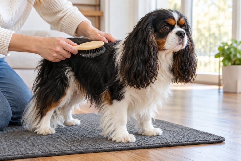 cavalier-king-charles-spaniel-grooming.jpg	Owner brushing a tricolor Cavalier King Charles Spaniel