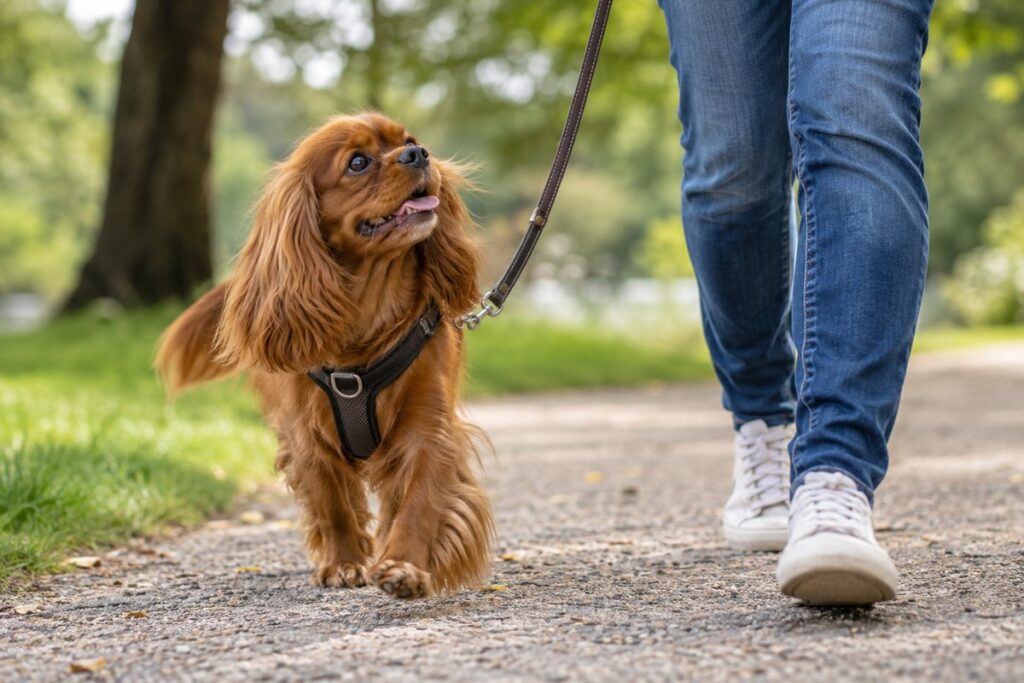 cavalier-king-charles-spaniel-leash-walk.jpg	Ruby Cavalier King Charles Spaniel walking on a leash