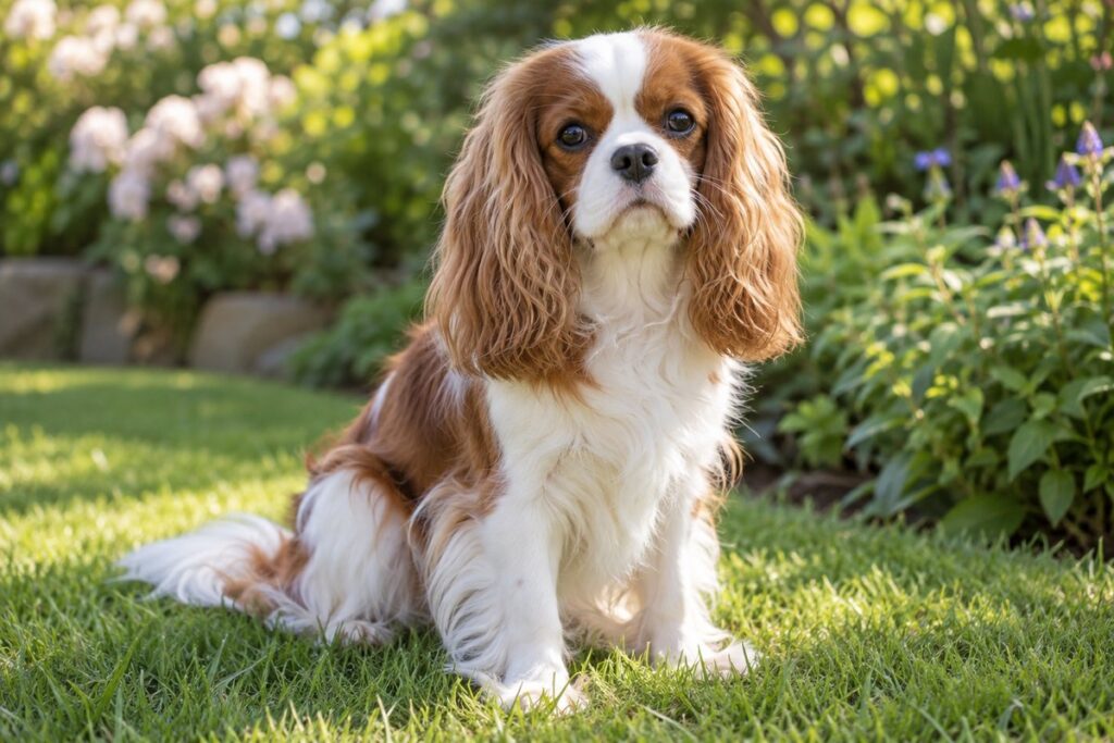 Blenheim Cavalier King Charles Spaniel sitting in a garden