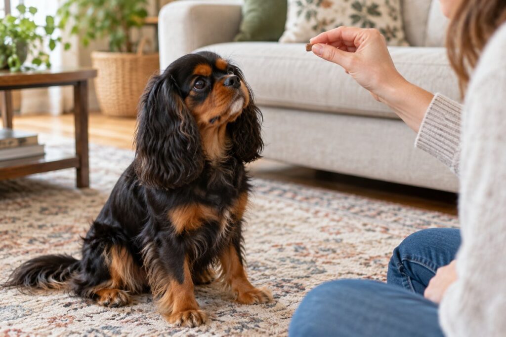 cavalier-king-charles-spaniel-leash-walk.jpg	Ruby Cavalier King Charles Spaniel walking on a leash