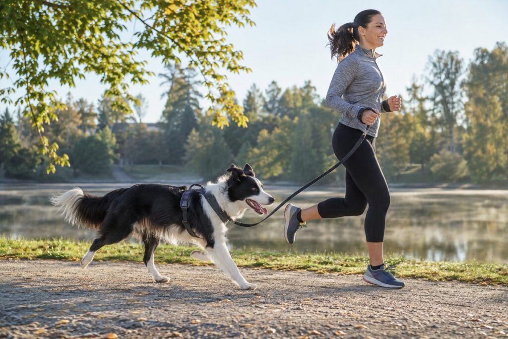border-collie-jogging-active-lifestyle.jpg Border Collie jogging beside its owner on a park trail