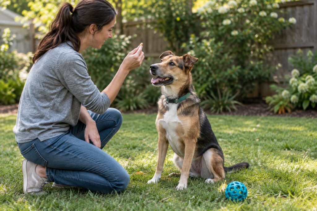 dog-backyard-training-mental-enrichment.jpg Mixed breed dog practicing sit with its owner in the backyard