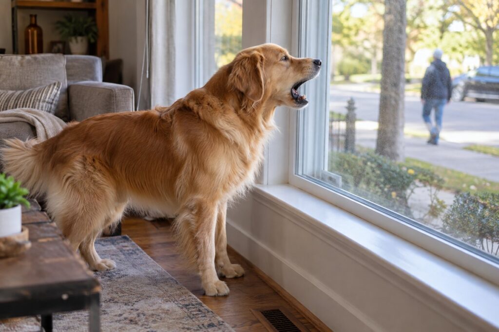 Golden retriever barking at a passerby through a window