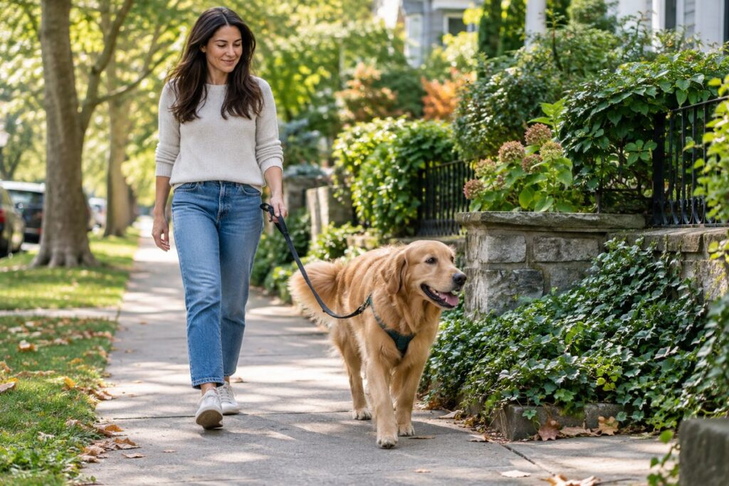 golden-retriever-daily-walking-routine.jpg Golden retriever walking with its owner on a leafy sidewalk