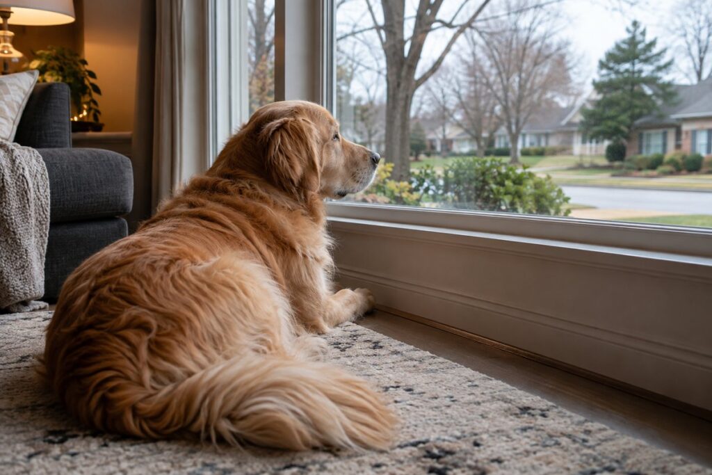 Golden retriever resting by a window overlooking the neighborhood