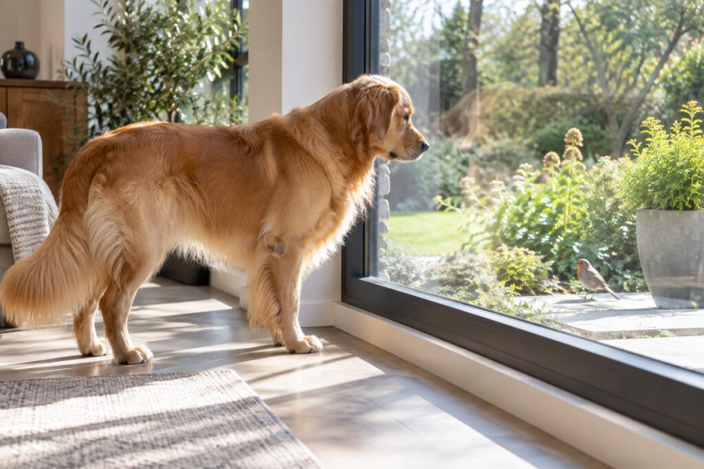 Golden retriever watching a bird through a living room window