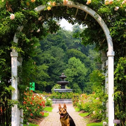 German Shepherd sitting on garden pathway under white rose-covered arbor with fountain and lush greenery in background