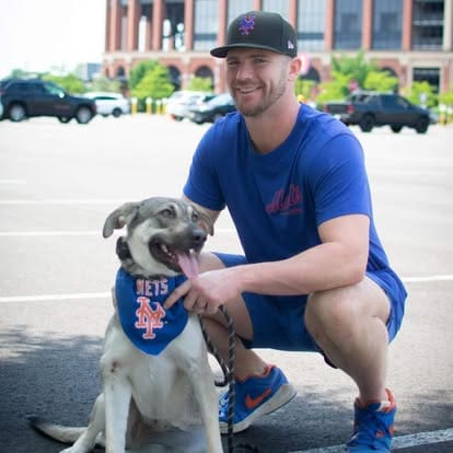 Dog owner kneeling beside happy gray dog wearing a Mets bandana during an outdoor training outing