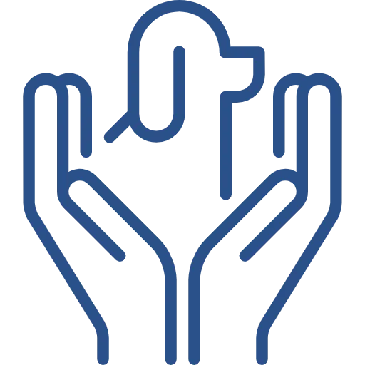 Dog care and training icon with hands holding a dog outline