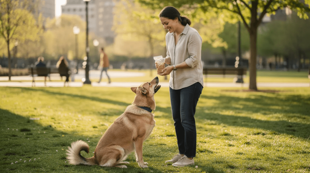 Easy Dogs to Train practicing sit in park 