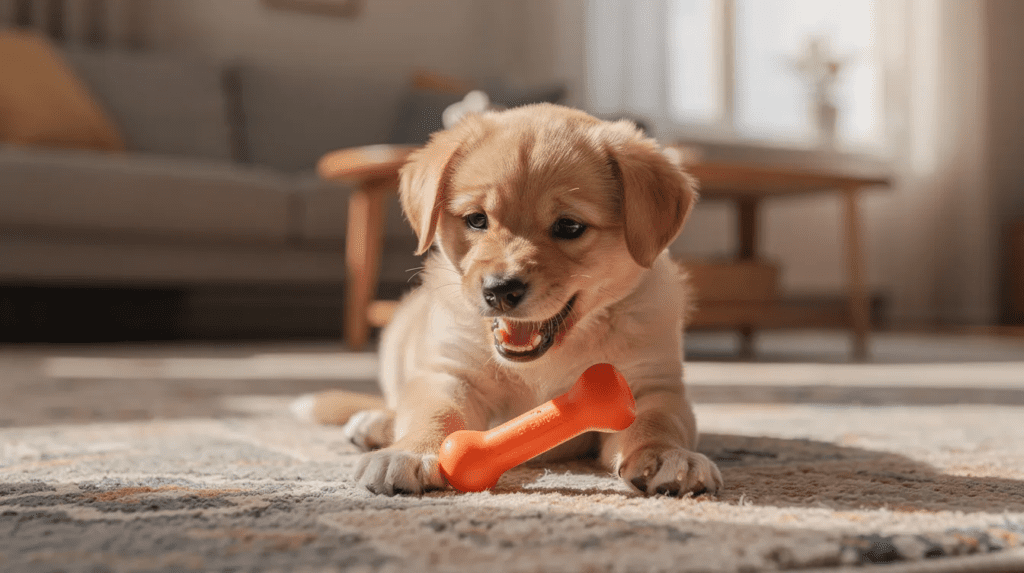 Puppy biting training with safe chew toy practice 