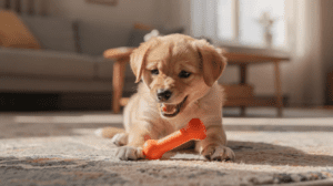 Puppy biting training with chew toy indoors