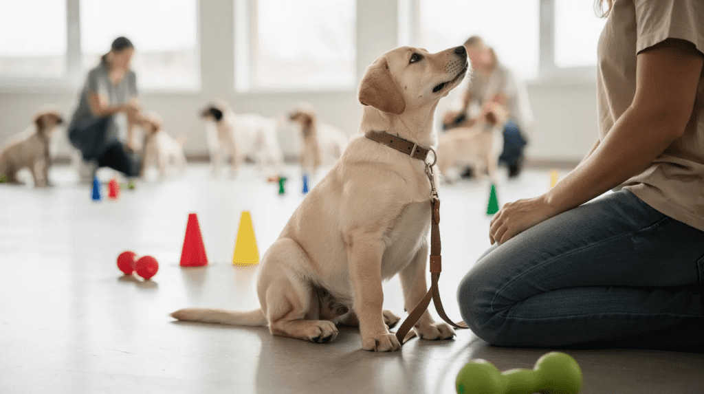 Puppy socialization classes with calm leash training 