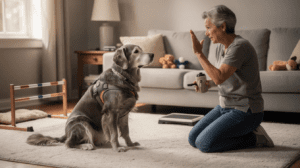 Senior dog training as owner practices hand command at home.