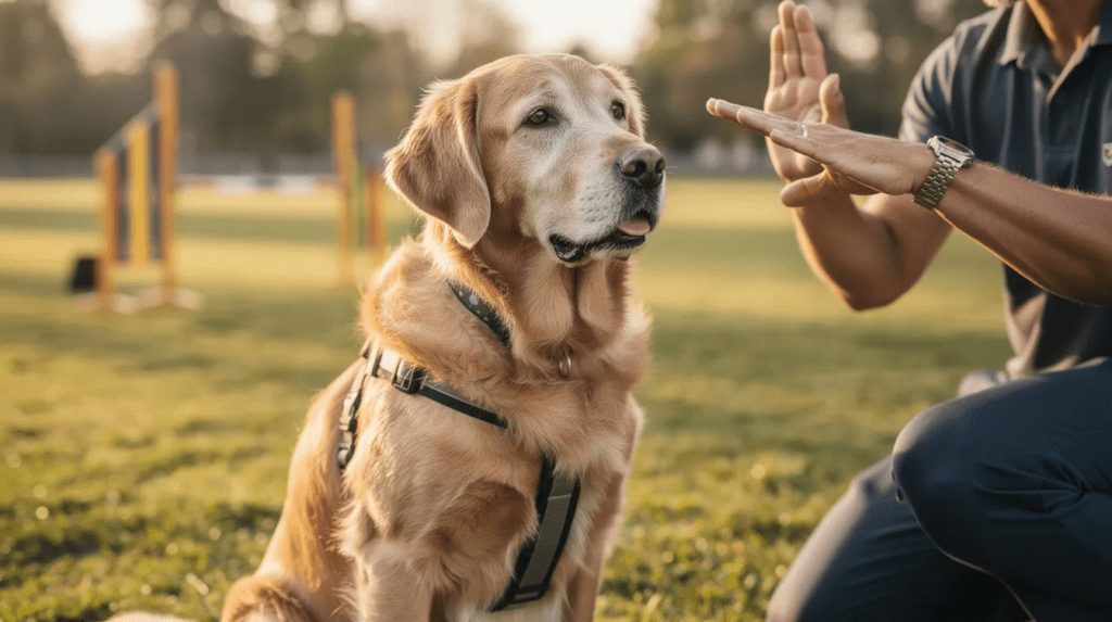 Senior dog training with hand signal in park
