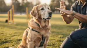 Senior dog training with hand signal in park