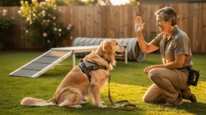 Senior dog training with hand signal in the backyard