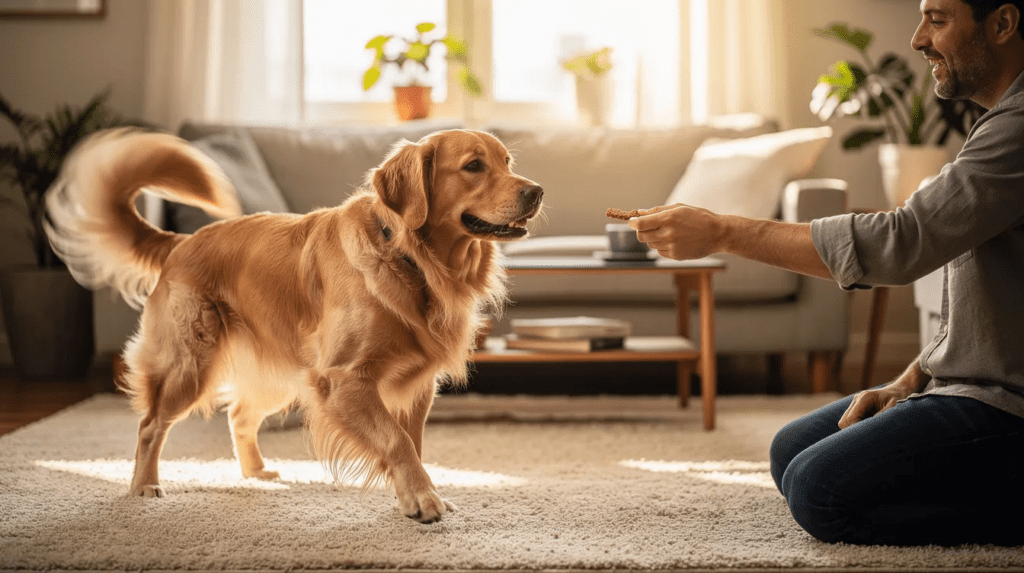 Trick training for dogs during a calm indoor therapy session