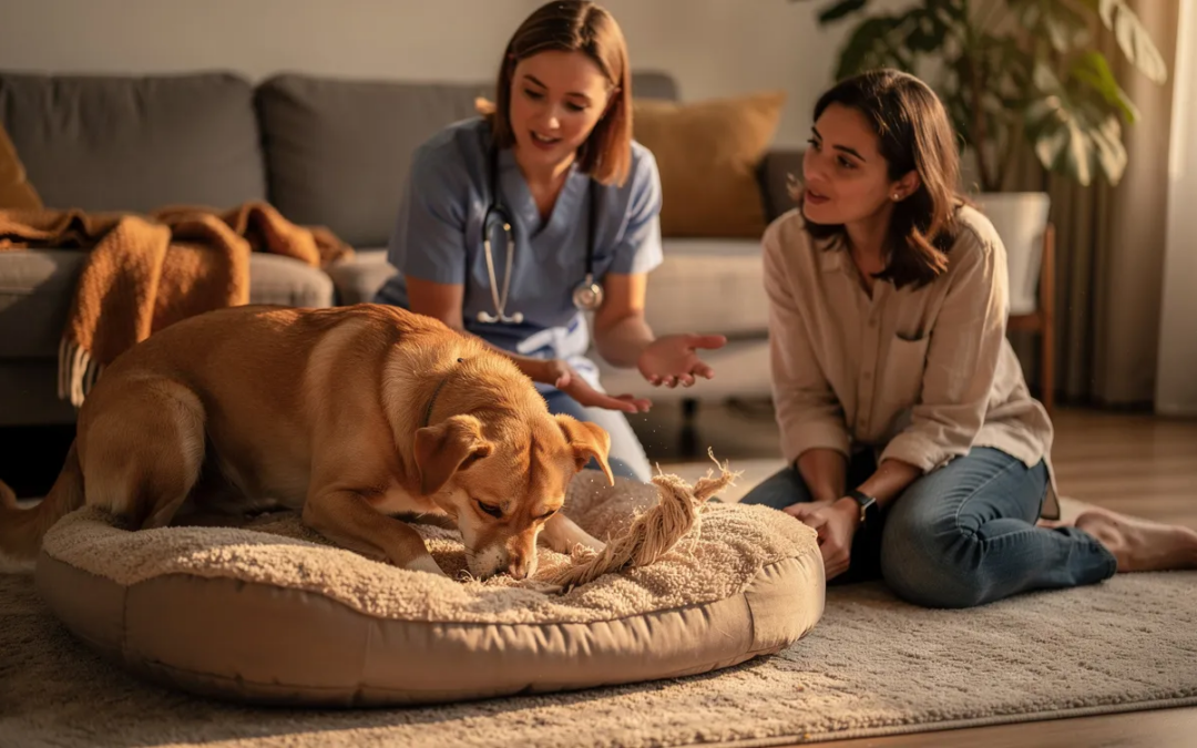 The image depicts a dog digging in its bed, showcasing its instinctual behavior as it prepares to lie down. This common scratching behavior is rooted in the dog's wild ancestors, where digging created a comfortable and secure sleeping area.