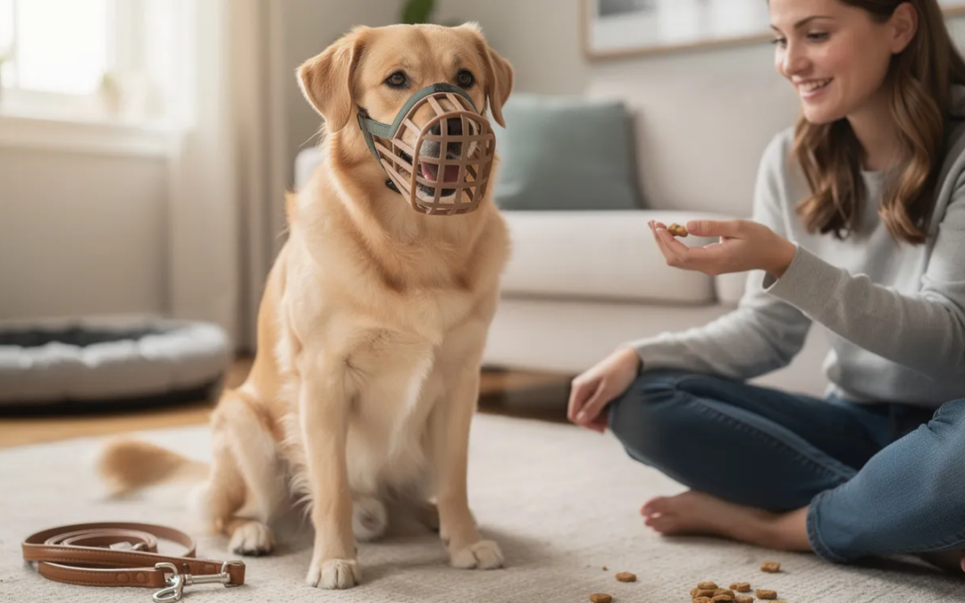 The image depicts a dog wearing a comfortable basket muzzle, showcasing the proper fit that allows for panting and drinking water while ensuring safety during training sessions. The dog appears relaxed, highlighting the importance of positive reinforcement and treats in the muzzle training process.