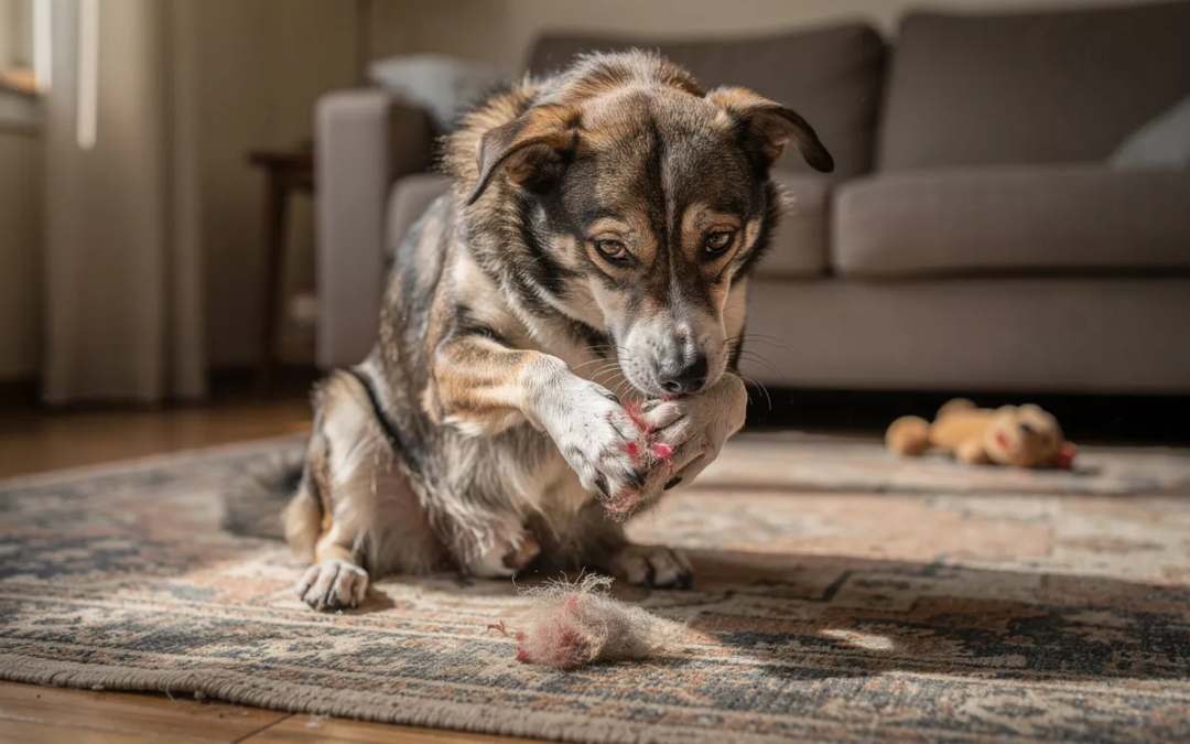 The image depicts a dog engaging in repetitive behavior, such as tail chasing, which is often associated with canine compulsive disorder. This scene illustrates the abnormal behaviors that can affect dogs, highlighting the importance of identifying triggers and seeking veterinary behaviorist intervention for effective treatment.