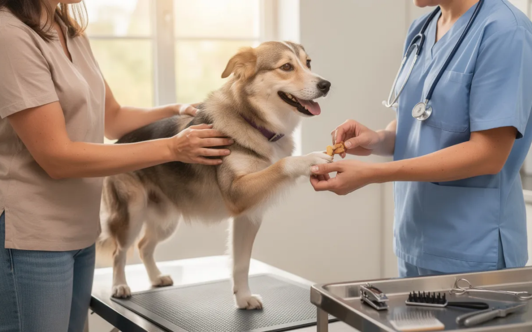 The image depicts a calm dog participating in cooperative care training, resting its chin on a soft surface while a veterinary staff member gently examines its ears. This scene emphasizes stress-free veterinary visits, showcasing positive reinforcement techniques that promote the dog's comfort and emotional health during grooming and medical procedures.