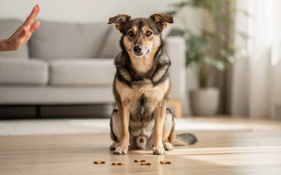 The image depicts a dog in a down position, patiently waiting for a treat held in a closed fist by a person. The dog's focused expression and attentive posture illustrate the concept of impulse control training, showcasing the fun game of teaching self-control to dogs.