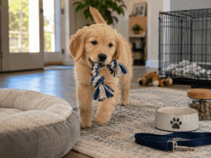 Puppy training timeline for crate, play, and leash skills