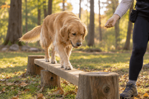 Trainer proofing a dog’s stay command at the park