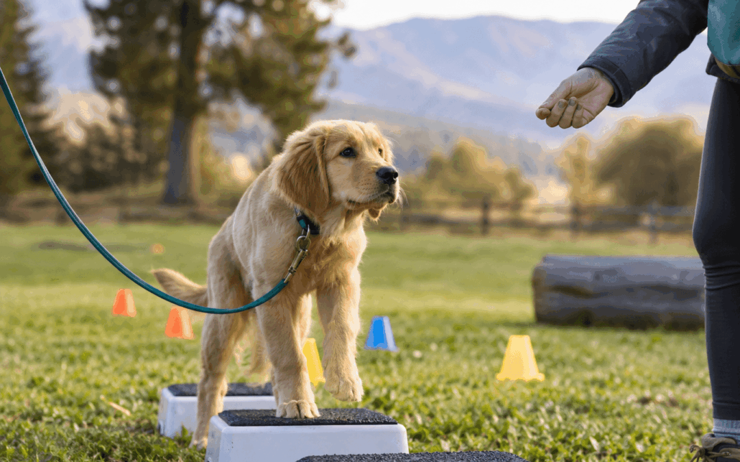 Dog practicing obedience around outdoor distractions