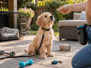 Puppy training timeline with sit and reward practice